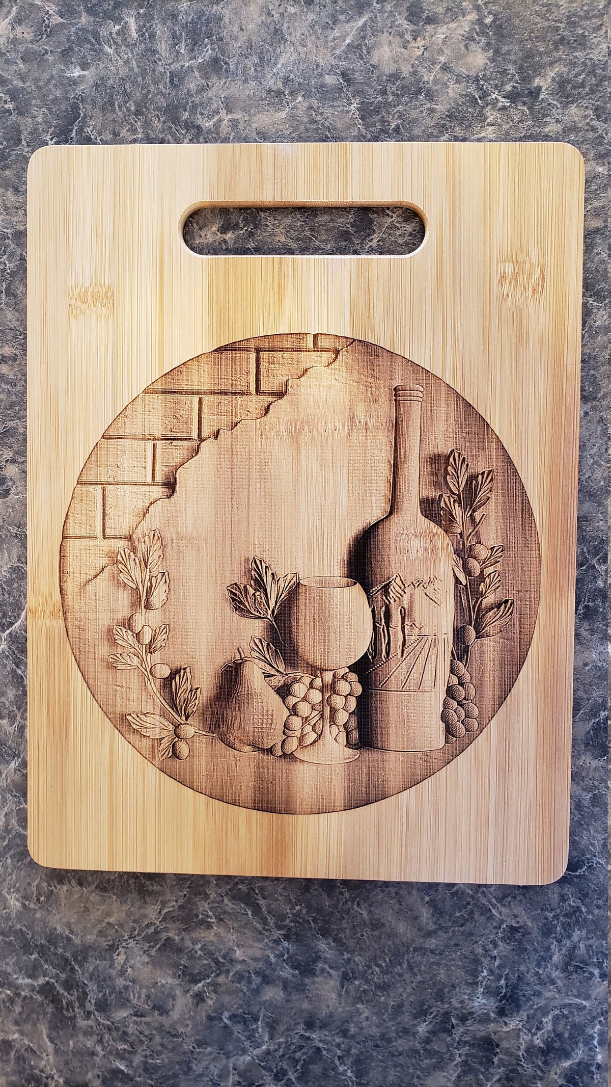 Wine Bottle Still Life Laser Engraved Bamboo Cutting Board