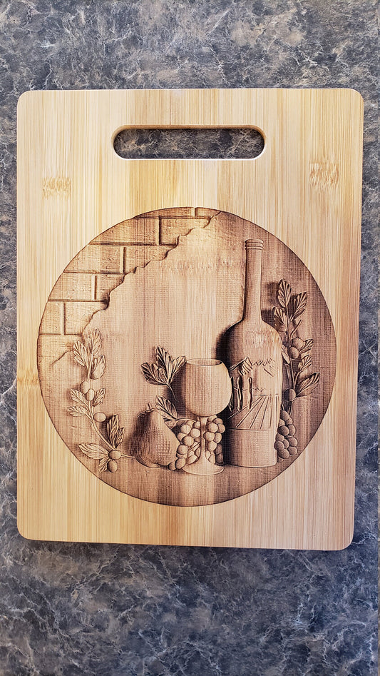 Wine Bottle Still Life Laser Engraved Bamboo Cutting Board