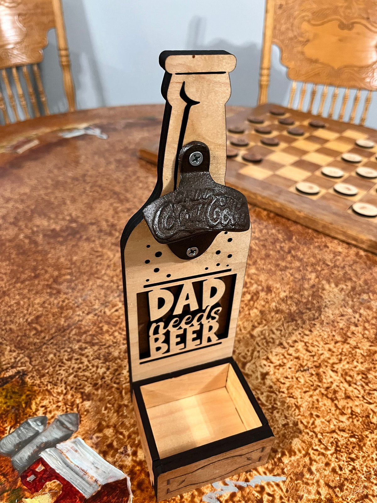 "Dad Needs Beer" Wood Bottle Opener with Cap Catcher