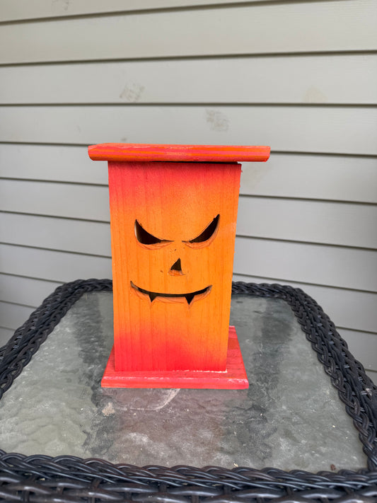 Hand-Crafted Red & Orange Wooden Jack-O-Lantern | Angry Face, Magnetic Lid
