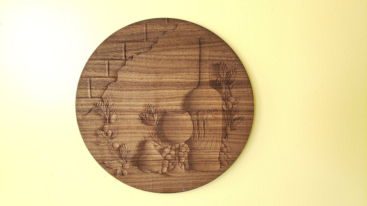 10" Round Wine Bottle Still Life Walnut Engraving