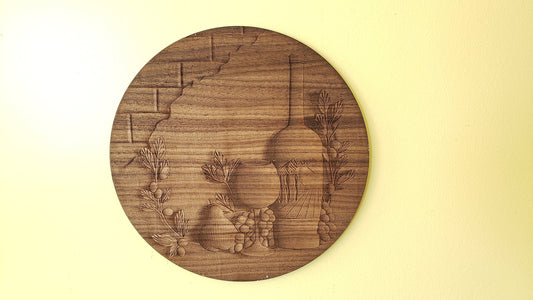 10" Round Wine Bottle Still Life Walnut Engraving