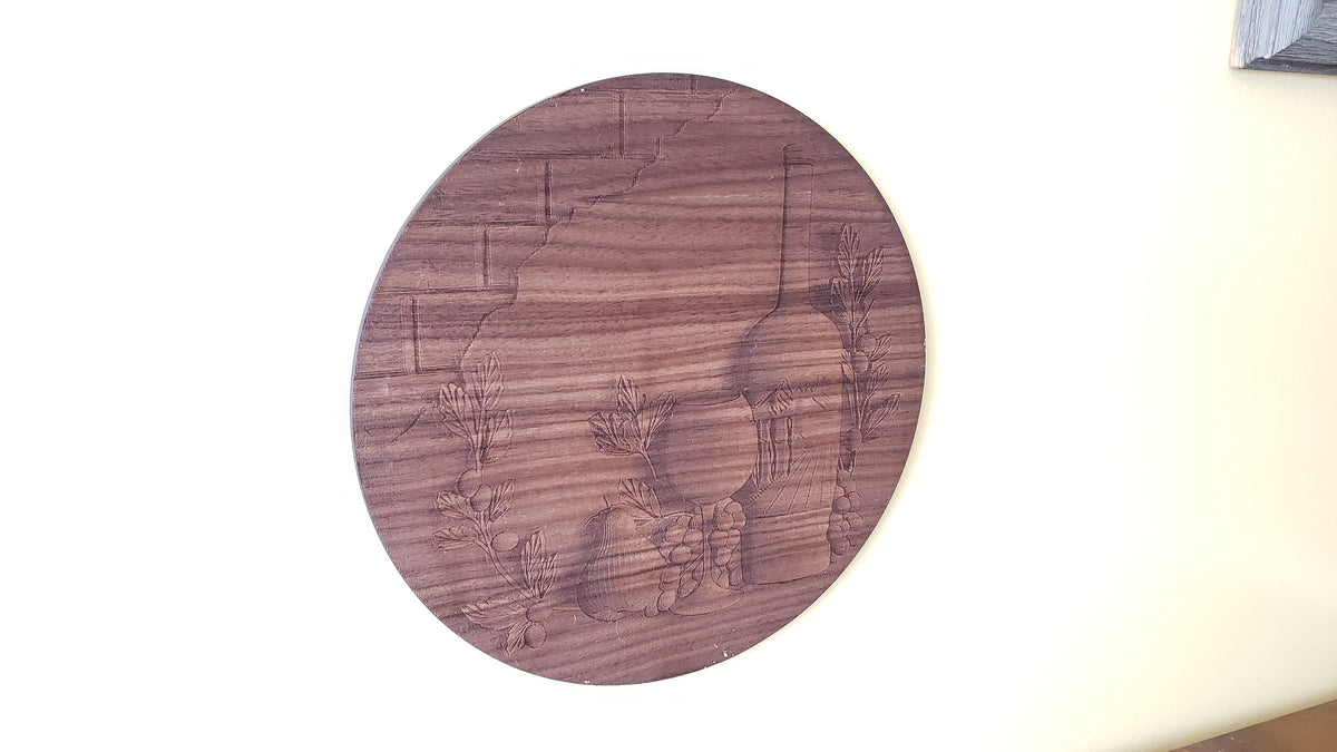 10" Round Wine Bottle Still Life Walnut Engraving