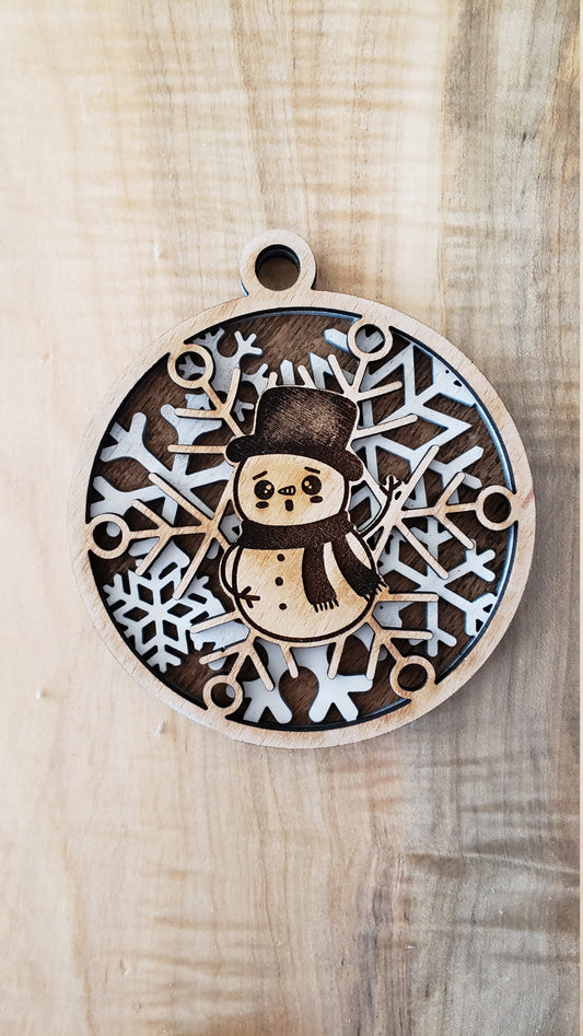 Handmade Snowman Christmas Ornament – Customizable Laser-Cut Wood Holiday Decor