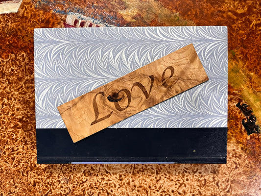 Figured Cherry Bookmark with Books Art and Love Engraving
