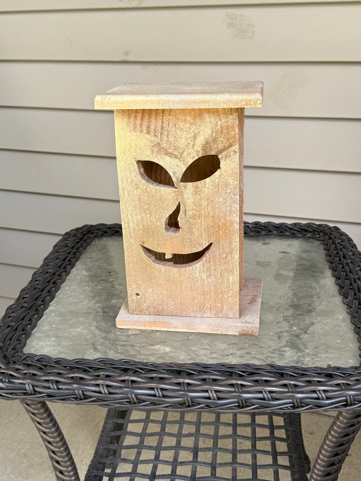 Hand-Crafted Beige Wooden Jack-O-Lantern | Devious Face, Magnetic Lid