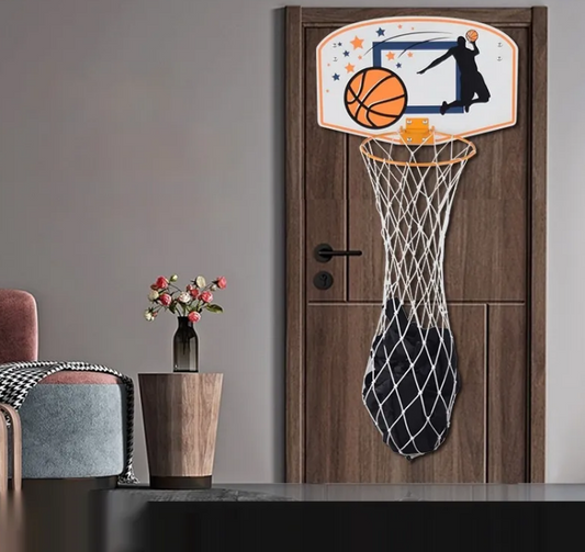 Wall-Mounted Wood Basketball Storage Board with Hooks