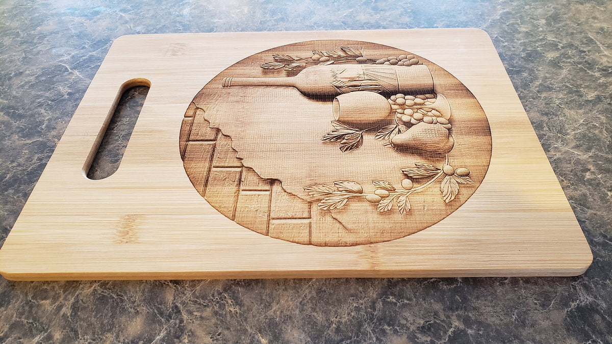 Wine Bottle Still Life Laser Engraved Bamboo Cutting Board