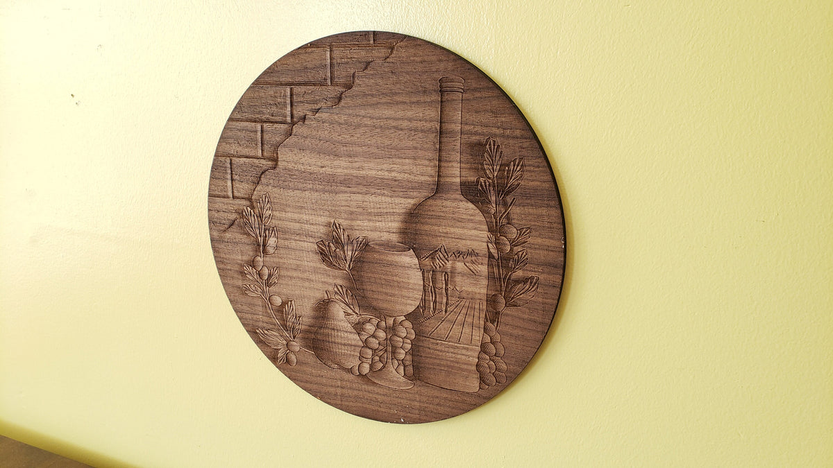 10" Round Wine Bottle Still Life Walnut Engraving