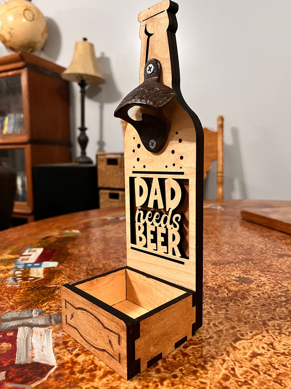 "Dad Needs Beer" Wood Bottle Opener with Cap Catcher