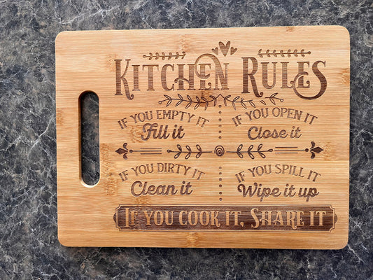 "Kitchen Rules" Laser Engraved Bamboo Cutting Board
